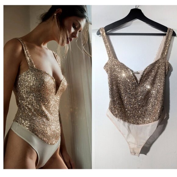 Free People Intimately | Sparks Fly Sequin Corset Bodysuit In Gold (Large) - Picture 1 of 11